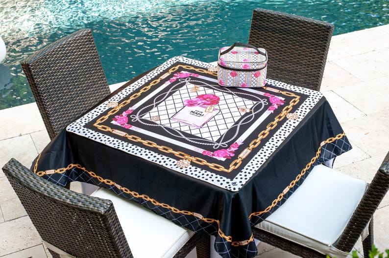Eau de Mahj Mahjong Mat, Pink Floral B&W Mahjong Mat, Perfume Style Icon, Luxury Fashionista, Blossoms