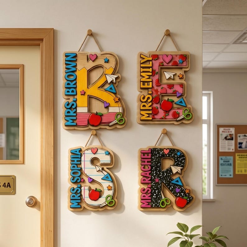 Personalized Alphabet Teacher Door Hanger, Back To School Teacher Gift, Custom Pencil Classroom Sign