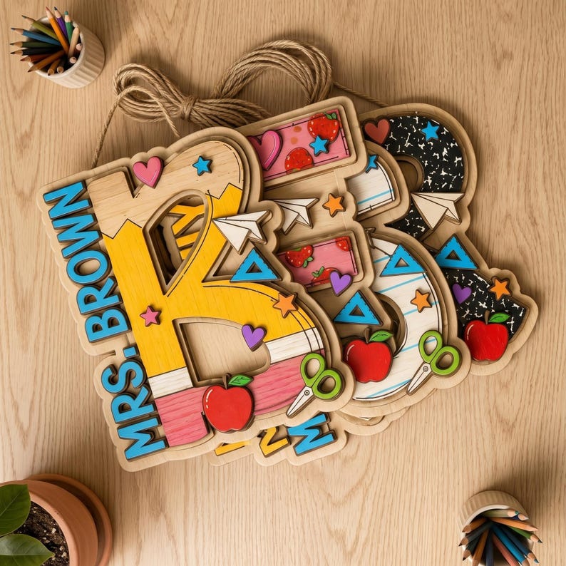 Personalized Alphabet Teacher Door Hanger, Back To School Teacher Gift, Custom Pencil Classroom Sign