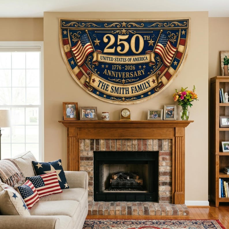 Personalized America 250th Anniversary Banner, Custom Family Name Patriotic Fence Flag