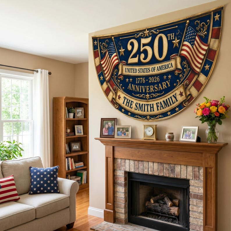 Personalized America 250th Anniversary Banner, Custom Family Name Patriotic Fence Flag
