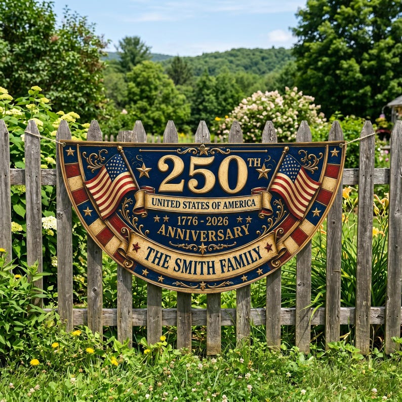 Personalized America 250th Anniversary Banner, Custom Family Name Patriotic Fence Flag