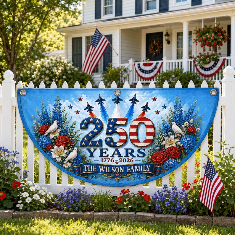Personalized 250th Anniversary Banner, Custom Family Name Patriotic Bunting Flag