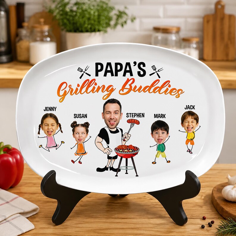 Custom Faces Grilling Platter, Personalised Grandpa BBQ Plate With Kids Photos