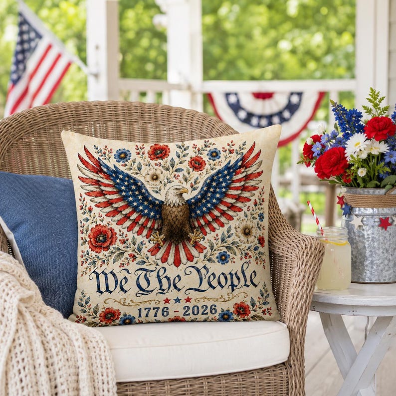 Vintage Eagle Patriotic Pillow, Floral Eagle Throw Pillow, We The People Sofa Cushion
