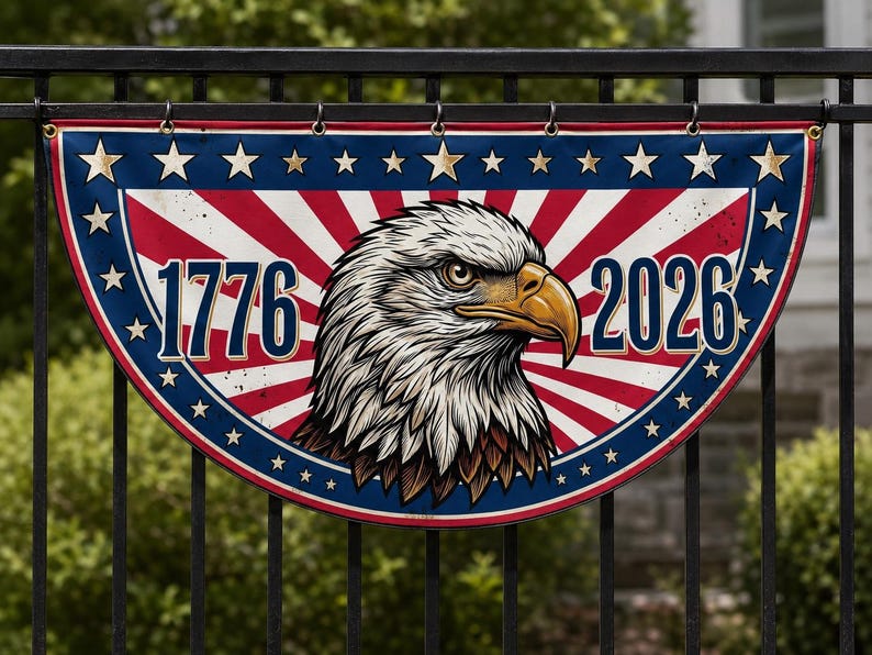 1776 2026 Bald Eagle Semicircle Fence Flag | USA 250th Anniversary Patriotic Porch Decor