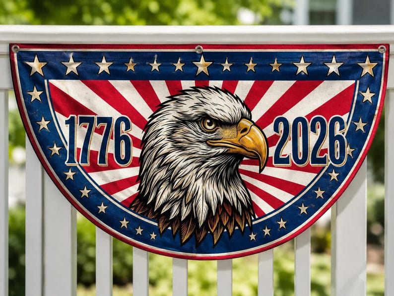 1776 2026 Bald Eagle Semicircle Fence Flag | USA 250th Anniversary Patriotic Porch Decor