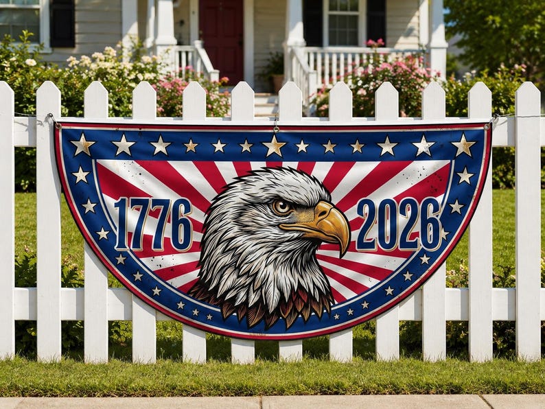 1776 2026 Bald Eagle Semicircle Fence Flag | USA 250th Anniversary Patriotic Porch Decor