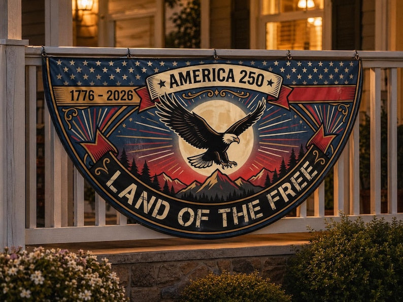 America 250 Land of the Free Fence Flag | 1776 2026 Eagle Sunset Patriotic Porch Decor