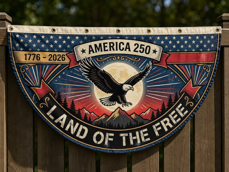 America 250 Land of the Free Fence Flag | 1776 2026 Eagle Sunset Patriotic Porch Decor