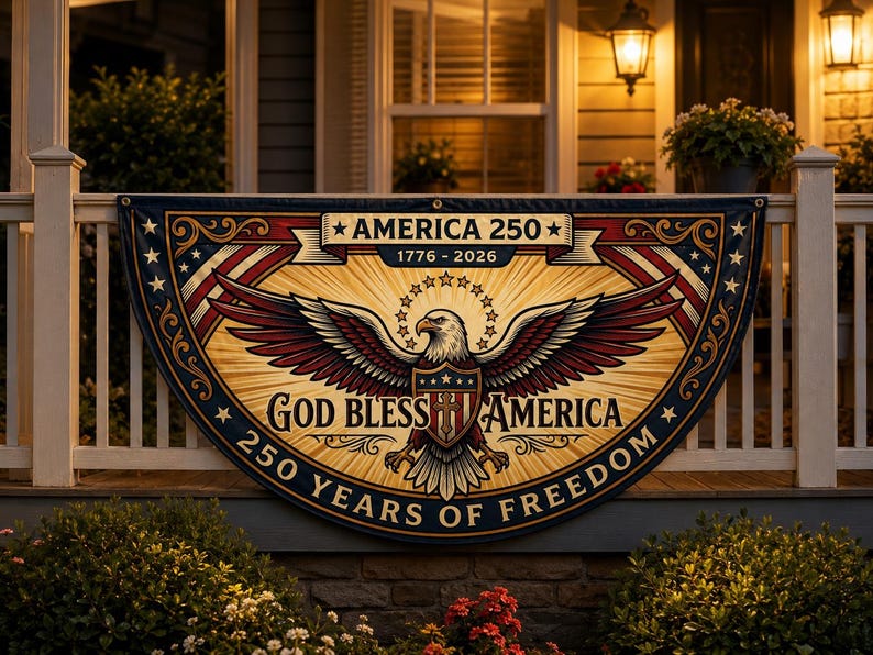 God Bless America 250 Fence Flag | 1776 2026 Christian Patriotic Porch Decor