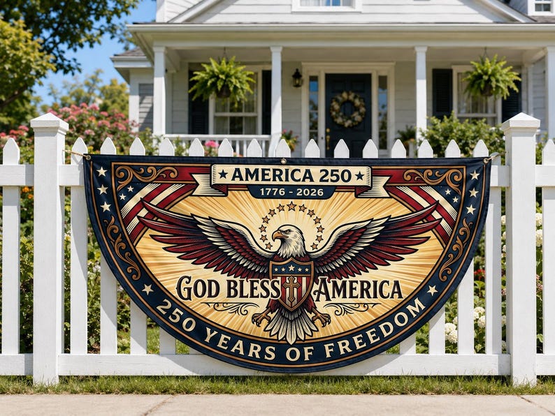 God Bless America 250 Fence Flag | 1776 2026 Christian Patriotic Porch Decor