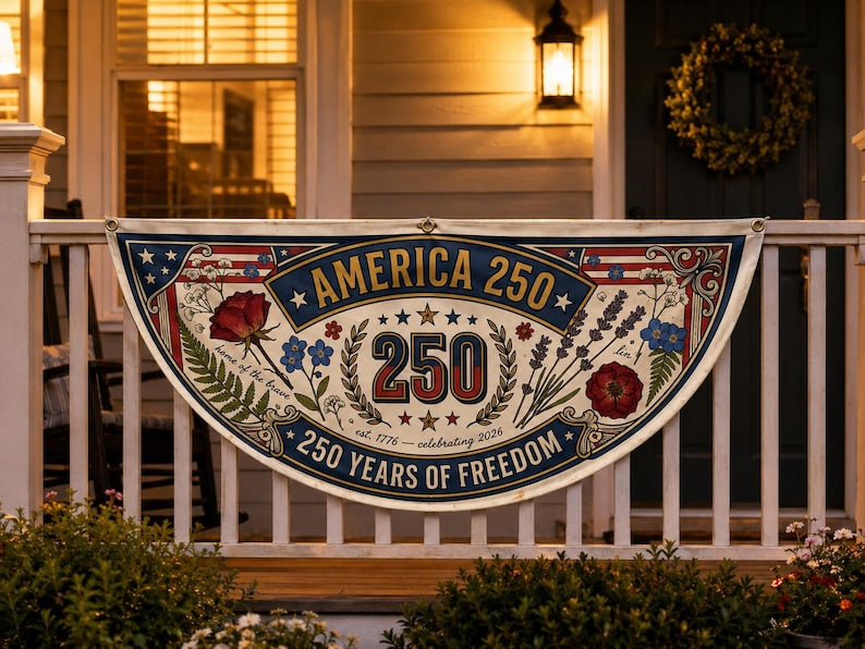America 250 Floral Fence Flag Botanical Patriotic Porch Decor