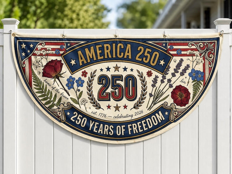America 250 Floral Fence Flag Botanical Patriotic Porch Decor