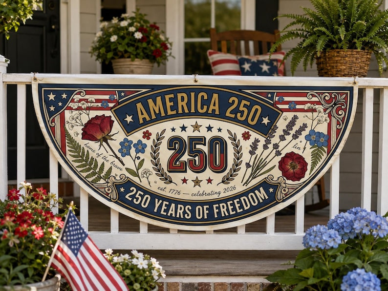 America 250 Floral Fence Flag Botanical Patriotic Porch Decor