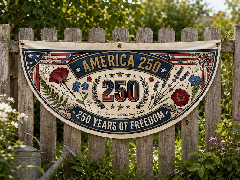 America 250 Floral Fence Flag Botanical Patriotic Porch Decor