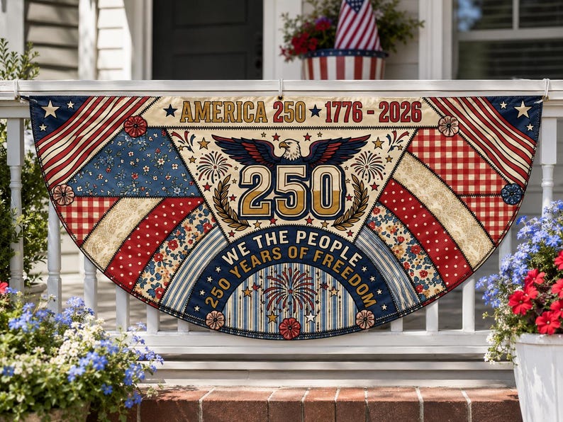 America 250 Faux Patchwork Quilt Fence Flag | We The People 1776 2026 Patriotic Porch Decor