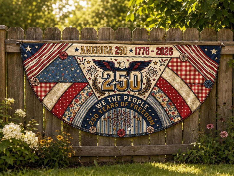 America 250 Faux Patchwork Quilt Fence Flag | We The People 1776 2026 Patriotic Porch Decor