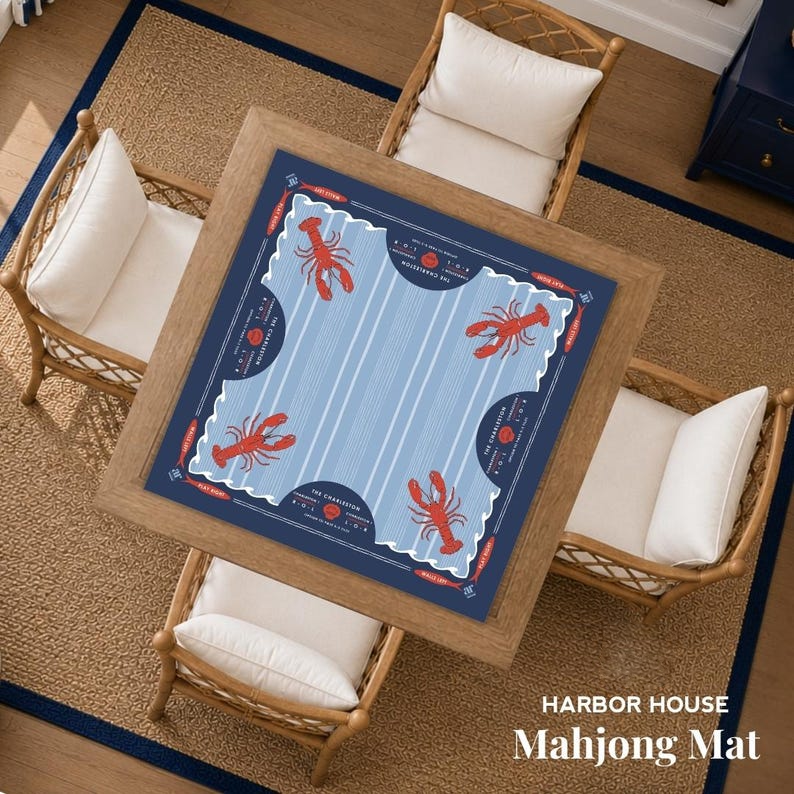 Harbor House Mahjong Mat, Coastal Lobster Mahjong Mat, Nautical Beach House Game Night, Preppy Coastal Mahjong Mat