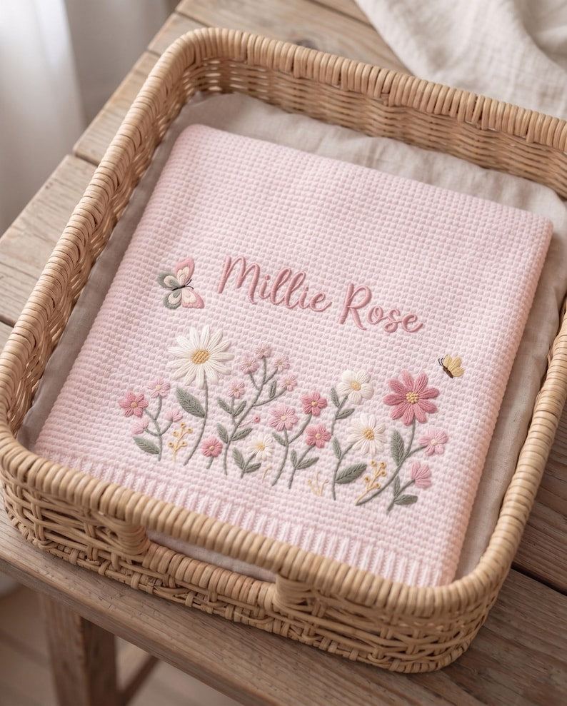Personalized Floral Embroidered Baby Blanket, Custom Name Knitted Throw, Welcome Baby Blanket, Nursery Keepsake