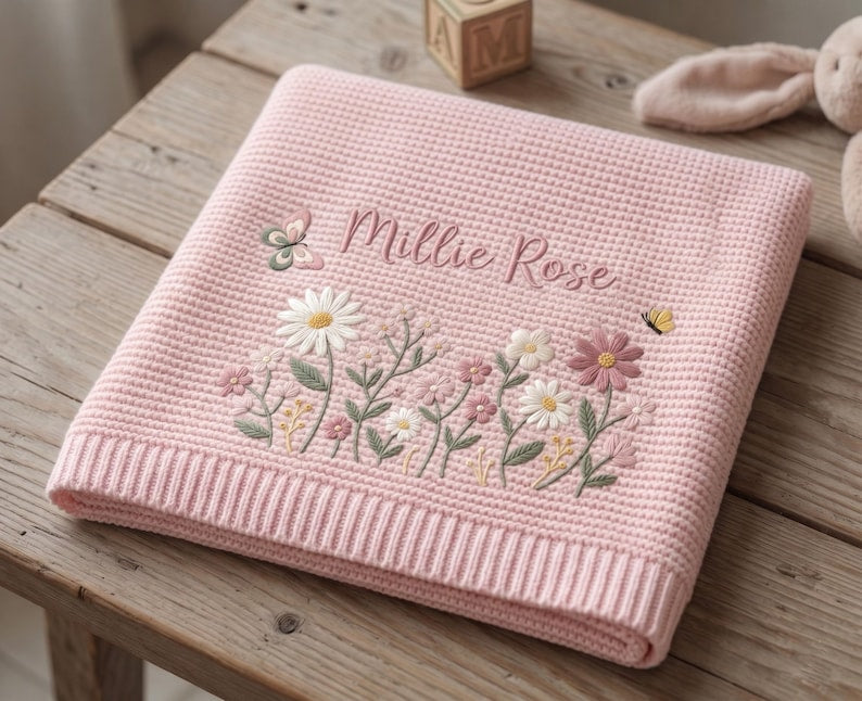 Personalized Floral Embroidered Baby Blanket, Custom Name Knitted Throw, Welcome Baby Blanket, Nursery Keepsake