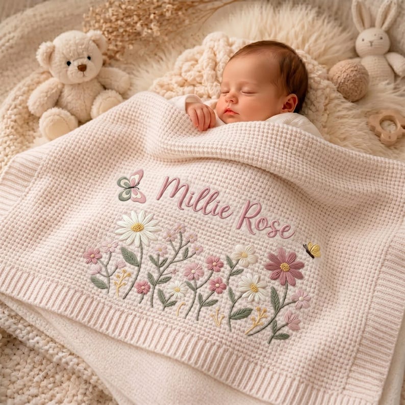Personalized Floral Embroidered Baby Blanket, Custom Name Throw, Welcome Baby Blanket, Nursery Keepsake