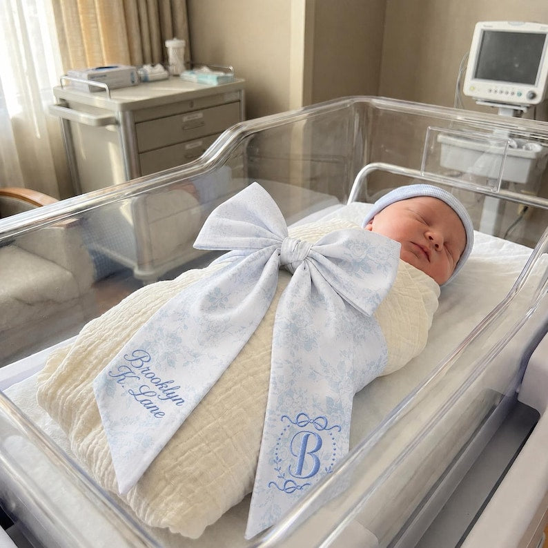 Personalized Embroidered Baby Bow Sash, Monogrammed Swaddle Tie, Newborn Photo Prop