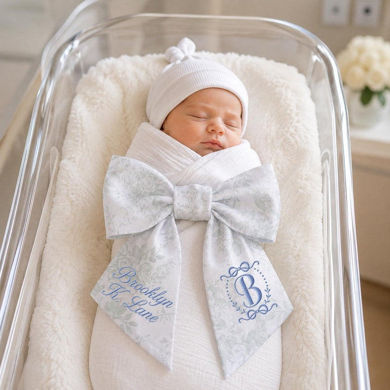 Personalized Embroidered Baby Bow Sash, Monogrammed Swaddle Tie, Newborn Photo Prop