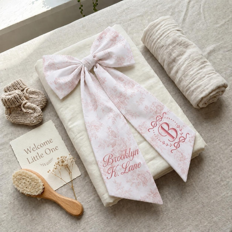 Personalized Embroidered Baby Bow Sash, Monogrammed Swaddle Tie, Newborn Photo Prop