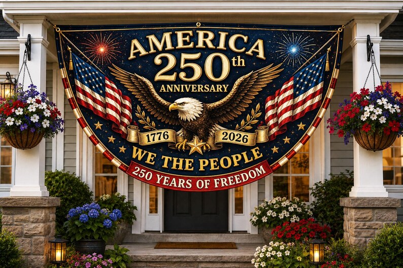 USA 250th Anniversary Patriotic Bunting Banner | America 1776–2026 Semicircle Fence Flag