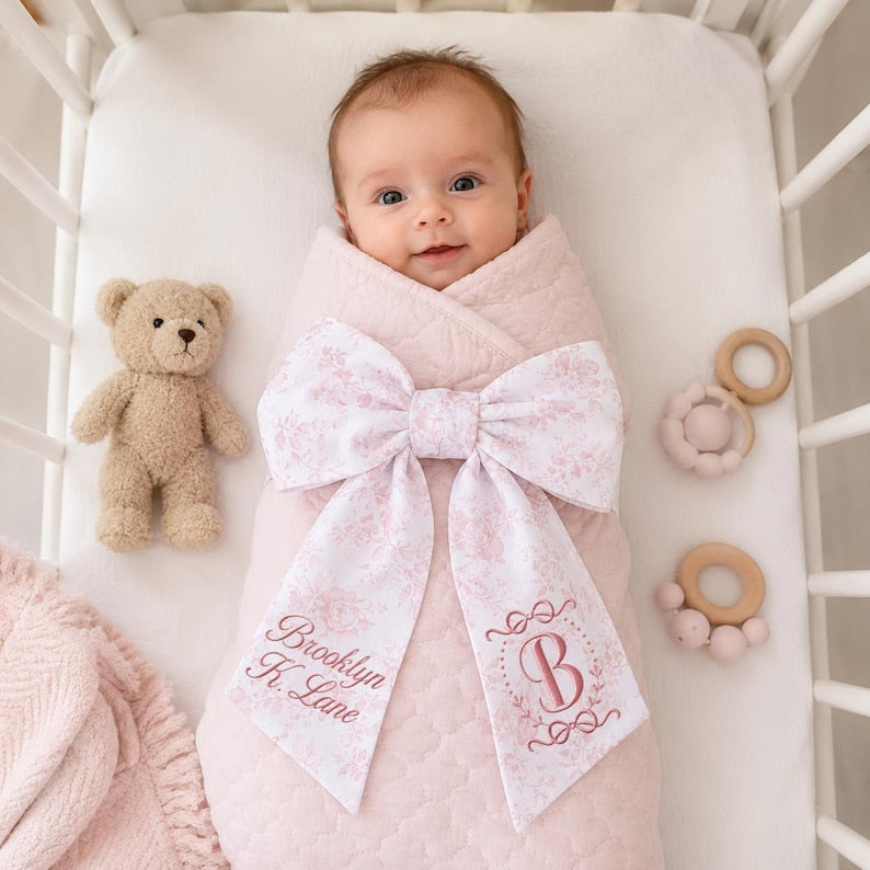 Personalized Embroidered Baby Bow Sash, Monogrammed Swaddle Tie, Newborn Photo Prop