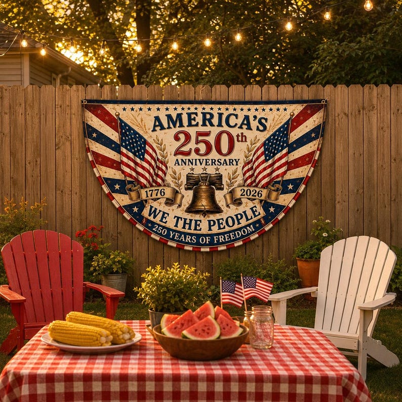 USA 250th Anniversary Patriotic Bunting Banner, 1776–2026 Semicircle Fence Flag