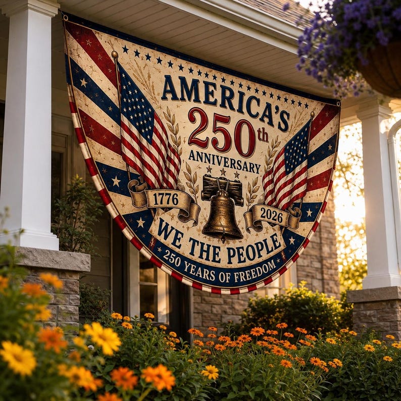 USA 250th Anniversary Patriotic Bunting Banner, 1776–2026 Semicircle Fence Flag