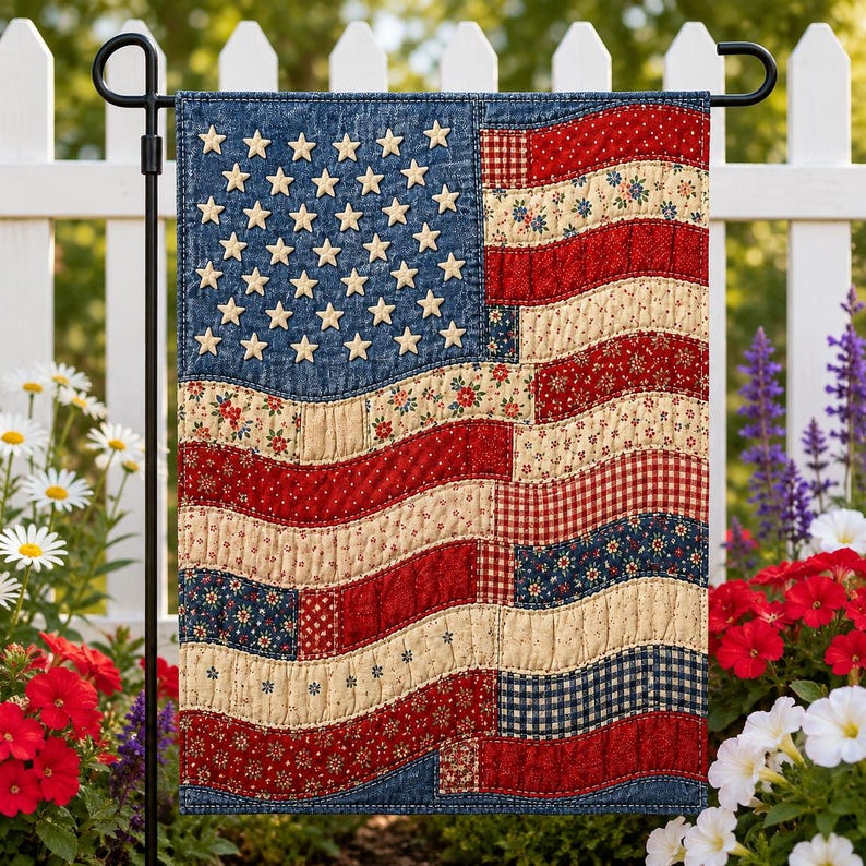 Patchwork American Flag Garden Flag, Faux Patchwork Patriotic Floral USA Flag