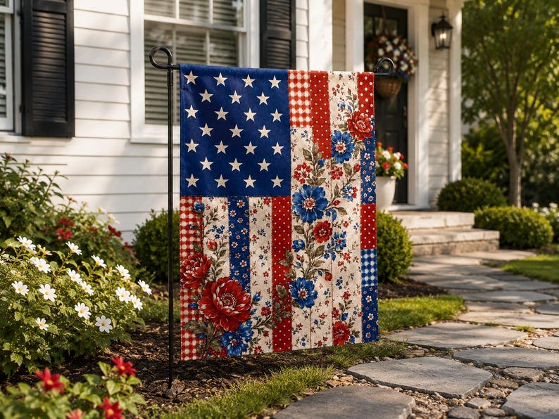 Patriotic Garden Flag, Floral American Flag, Vintage Farmhouse Porch Banner