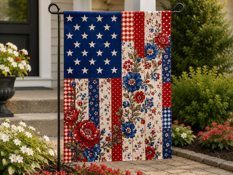 Patriotic Garden Flag, Floral American Flag, Vintage Farmhouse Porch Banner