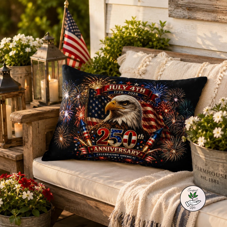 USA 250th Birthday Pillows | July 4th Firework Decor Bald Eagle Throw America 250