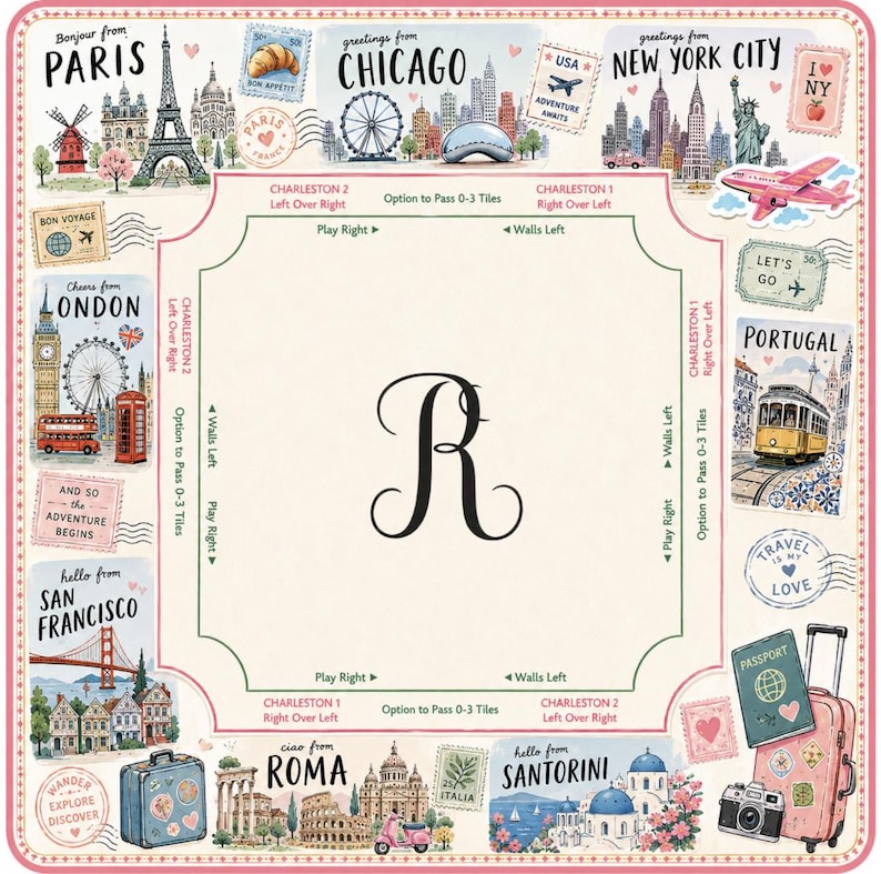 Travel Mahjong Mat, Paris London NYC Game Cover, Pink Passport Girls Trip