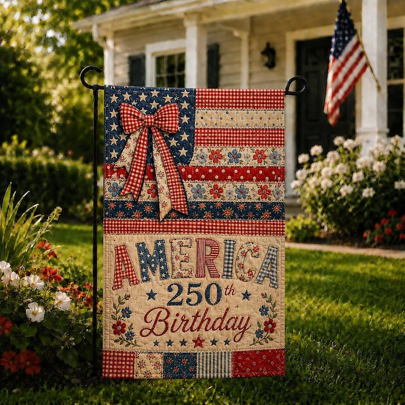 PRINT Patchwork America 250th Birthday Garden Flag, Patriotic USA Yard Flag