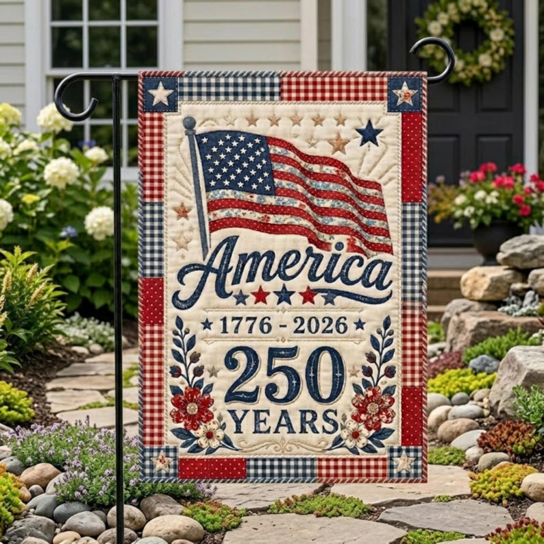 Faux Red White Blue Patchwork 250th Anniversary America Garden Flag, 1776-2026 Independence