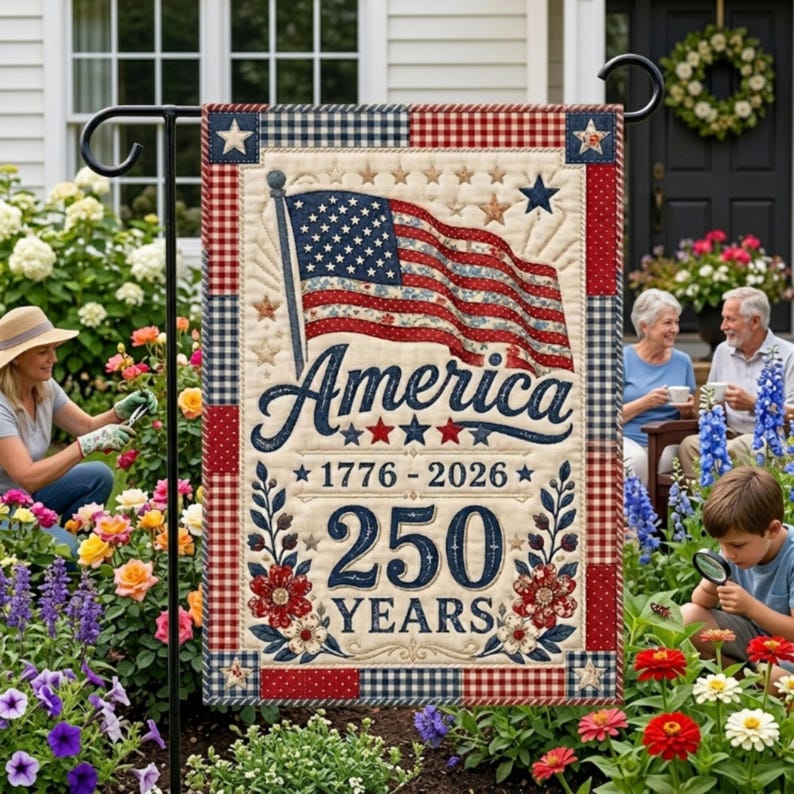 Faux Red White Blue Patchwork 250th Anniversary America Garden Flag, 1776-2026 Independence
