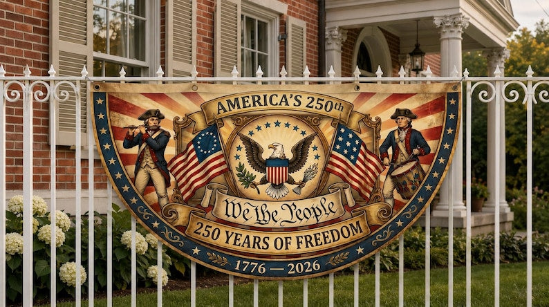 250th Anniversary Patriotic Bunting Banner | America 1776–2026 Semicircle Fence Flag