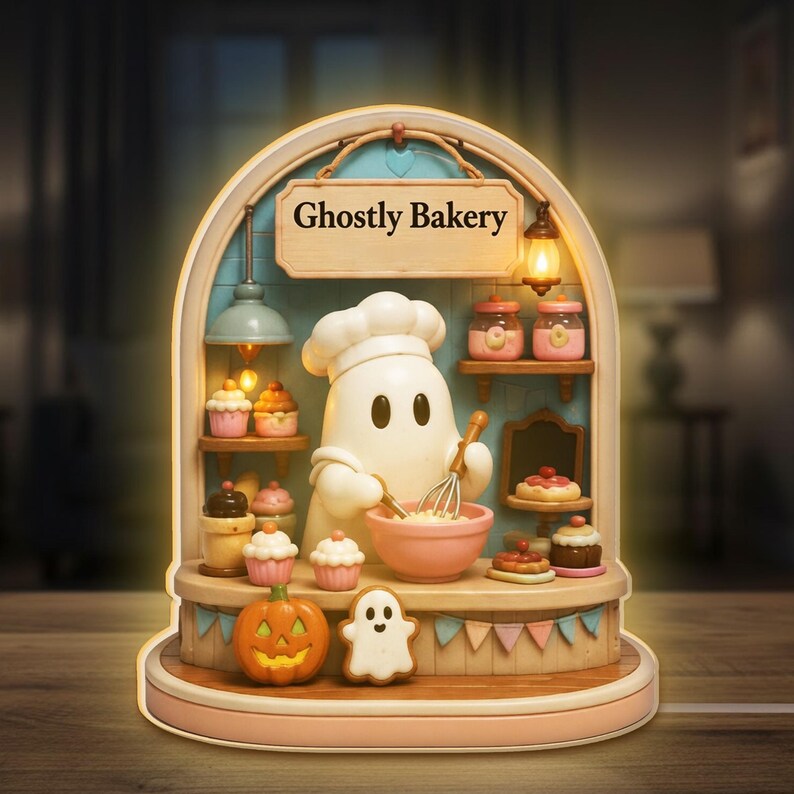 Ghostly Bakery Night Light Box, Cute Baking Ghost Lamp, Kitchen Decor Gift, Spooky Sweet Shop Diorama, Baker Lover Decor