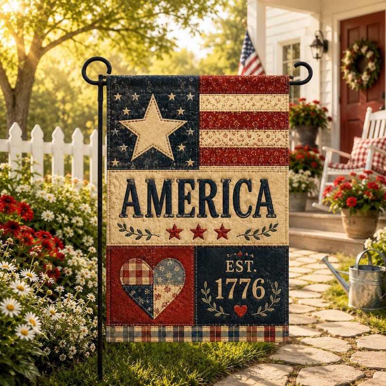 FLAT FLAG Americana Faux Quilt Garden Flag, Rustic Red White Blue Porch Decor
