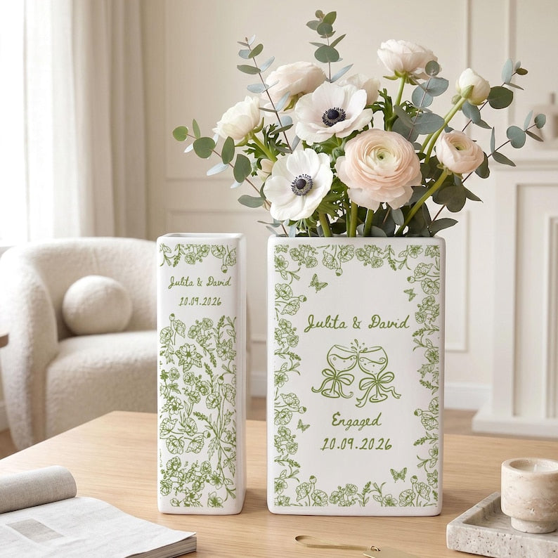 Personalized Engagement Ceramic Book Vase, Custom Toile De Jouy Couple Name Book Vase