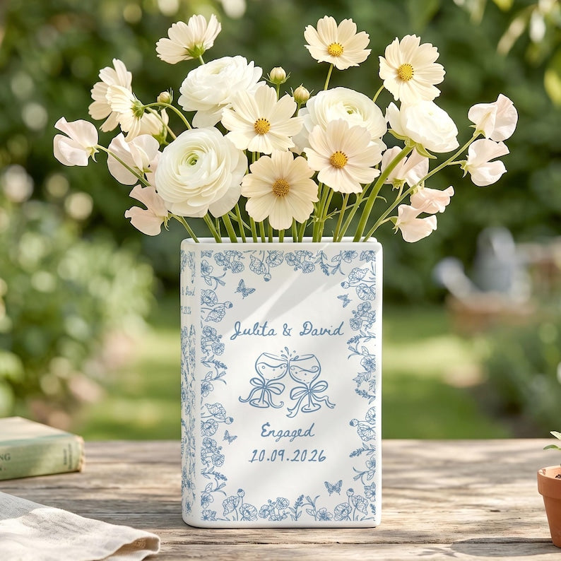 Personalized Engagement Ceramic Book Vase, Custom Toile De Jouy Couple Name Book Vase