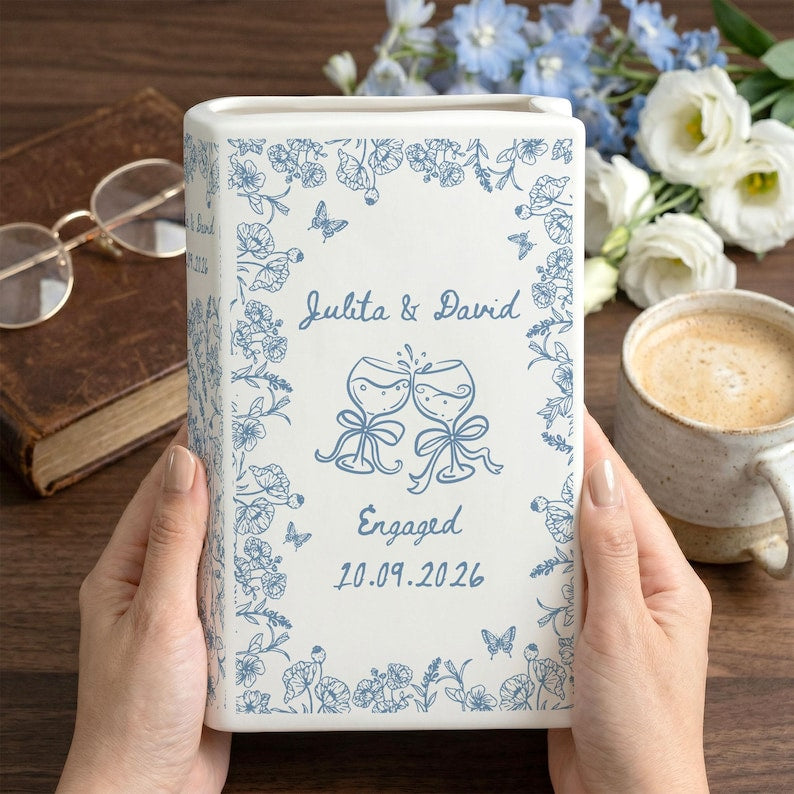 Personalized Engagement Ceramic Book Vase, Custom Toile De Jouy Couple Name Book Vase