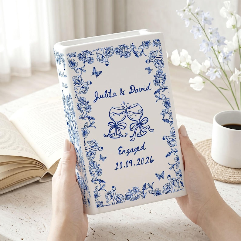 Personalized Engagement Ceramic Book Vase, Custom Toile De Jouy Couple Name Book Vase
