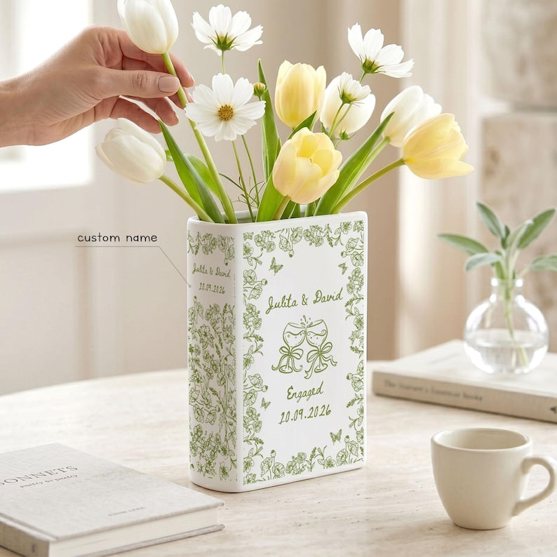 Personalized Engagement Ceramic Book Vase, Custom Toile De Jouy Couple Name Book Vase