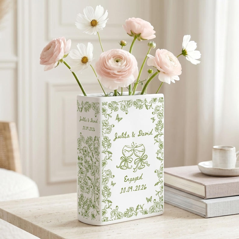 Personalized Engagement Ceramic Book Vase, Custom Toile De Jouy Couple Name Book Vase